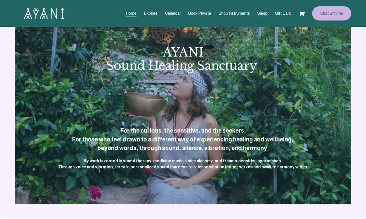 Ayani Sound Healing website introduction and practitioner photograph