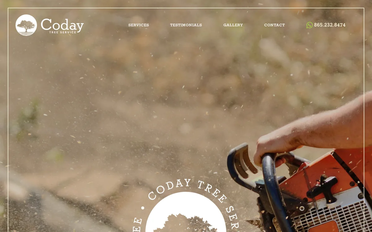 Coday Tree Service website hero with tree logo and chainsaw photograph