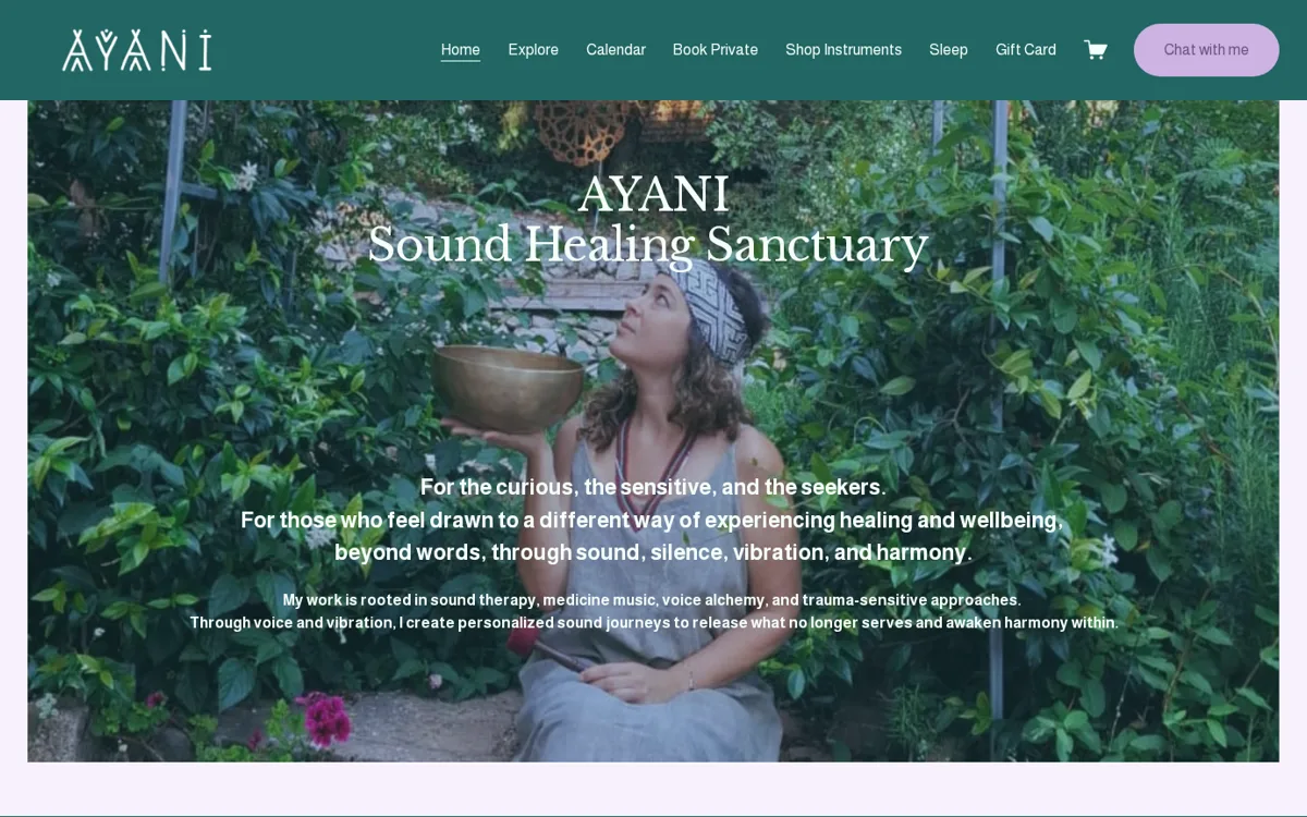 Ayani Sound Healing website introduction and practitioner photograph